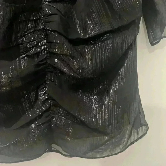 NWOT FRAME Ruched Sleeve Keyhole Top Metallic Silk Blend Black Size XS - Picture 6 of 12